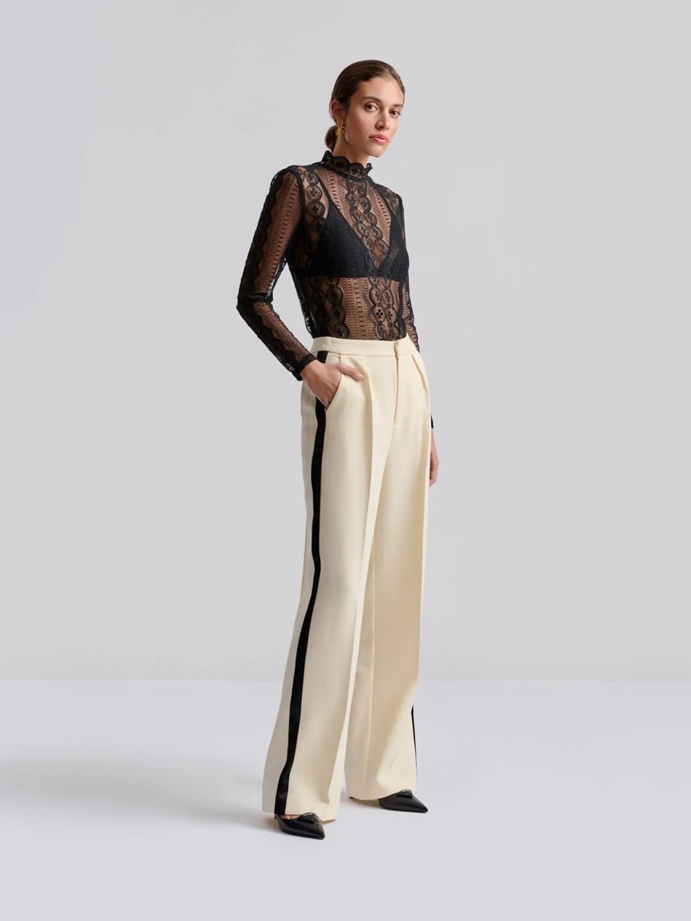 By Malina Wide-Leg Cream Tuxedo Black line Stripe Pants size US S NWT